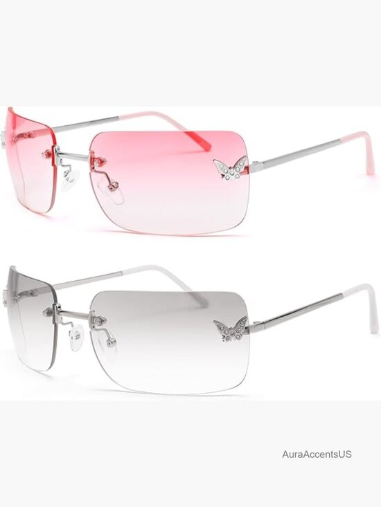 Rectangular Rimless Sunglasses Women Men Retro Trendy Square Vintage UV400